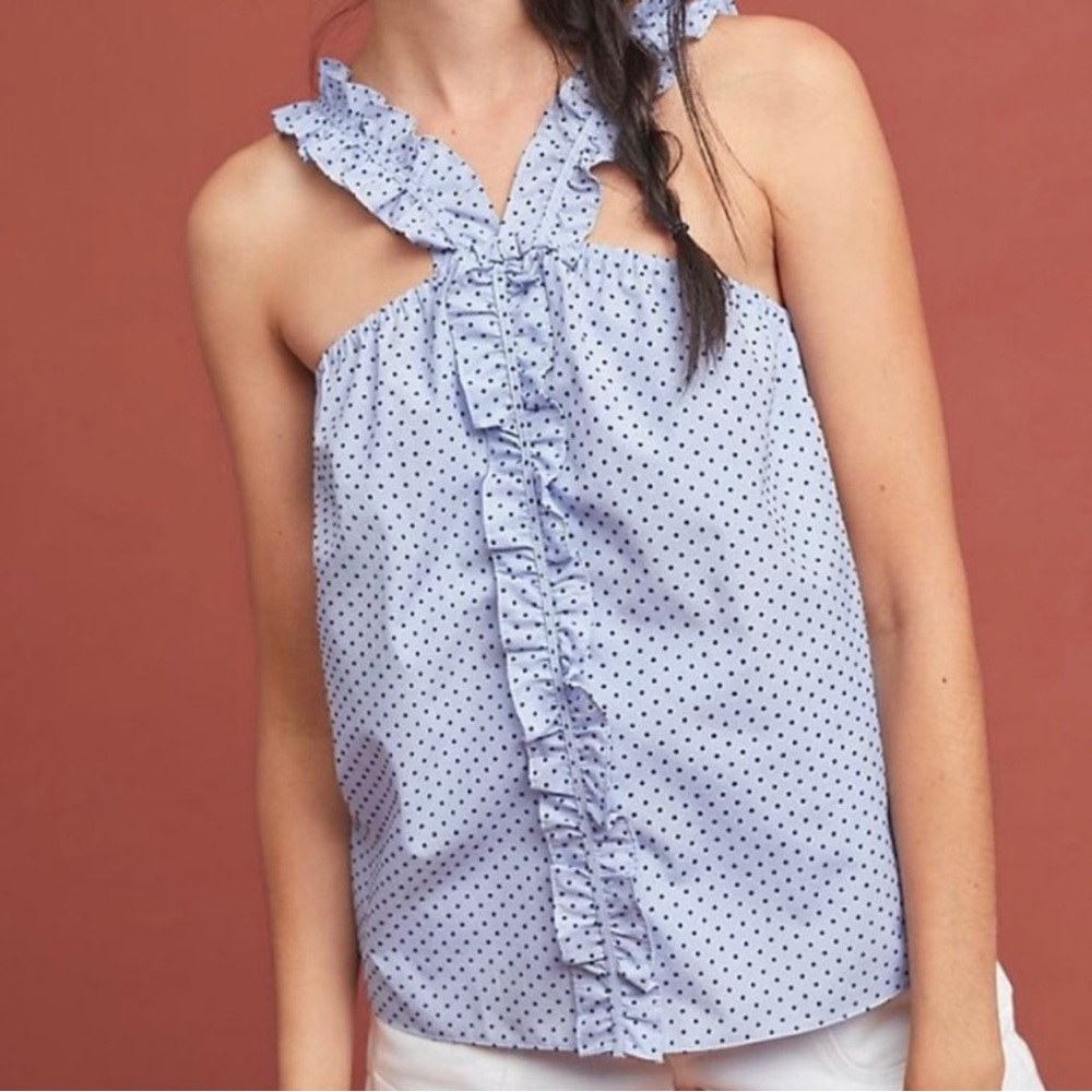 Waverly Grey Polka Dot Ruffle Strap top